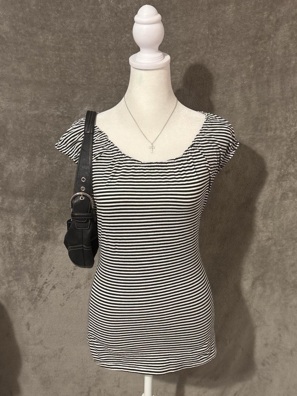 Black and White Ruched Ruffle Neck Fitted Striped Top